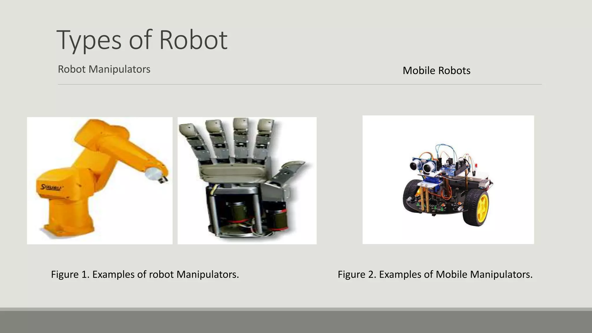 Types of Robot Robot Manipulators Mobile Robots Figure 1. Examples of robot Manipulators. Figure 2. Examples of Mobile Manipulators. 