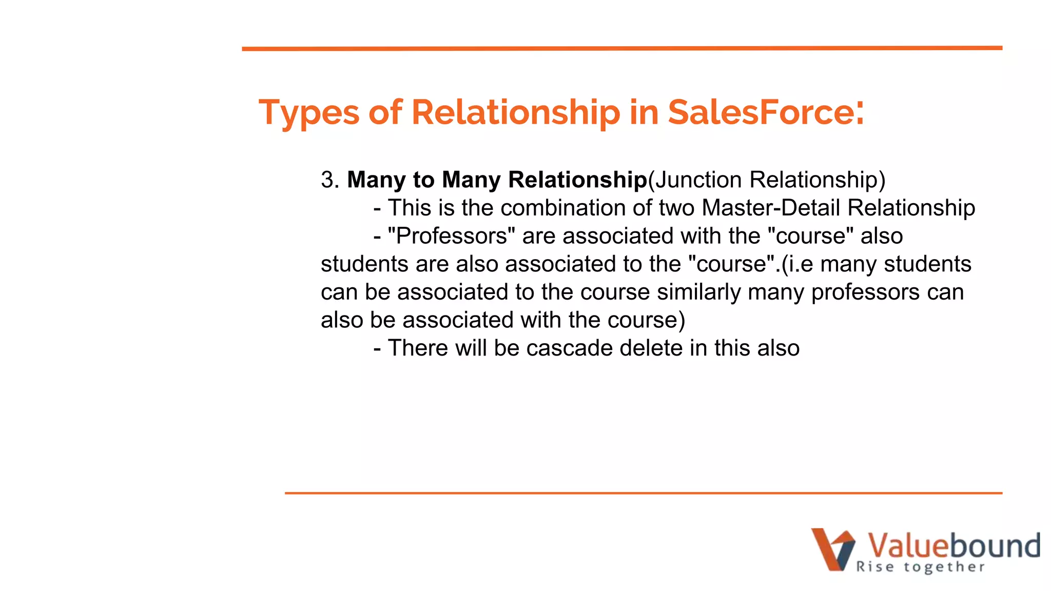 Types of Relationship in SalesForce:
3. Many to Many Relationship(Junction Relationship)
- This is the combination of two Master-Detail Relationship
- "Professors" are associated with the "course" also
students are also associated to the "course".(i.e many students
can be associated to the course similarly many professors can
also be associated with the course)
- There will be cascade delete in this also
 