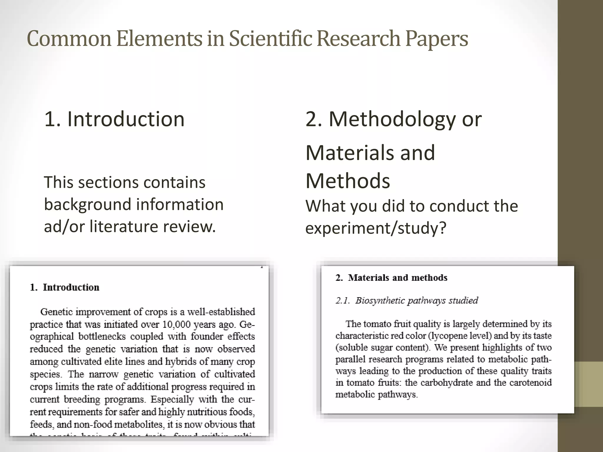 CommonElementsinScientificResearchPapers
1. Introduction
This sections contains
background information
ad/or literature review.
2. Methodology or
Materials and
Methods
What you did to conduct the
experiment/study?
 