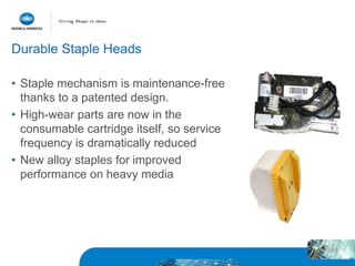 Durable Staple Heads
• Staple mechanism is maintenance-free
thanks to a patented design.
• High-wear parts are now in the
consumable cartridge itself, so service
frequency is dramatically reduced
• New alloy staples for improved
performance on heavy media
 