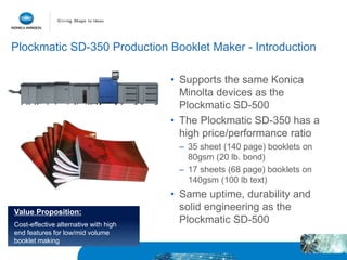 Value Proposition:
Cost-effective alternative with high
end features for low/mid volume
booklet making
Plockmatic SD-350 Production Booklet Maker - Introduction
• Supports the same Konica
Minolta devices as the
Plockmatic SD-500
• The Plockmatic SD-350 has a
high price/performance ratio
– 35 sheet (140 page) booklets on
80gsm (20 lb. bond)
– 17 sheets (68 page) booklets on
140gsm (100 lb text)
• Same uptime, durability and
solid engineering as the
Plockmatic SD-500
 