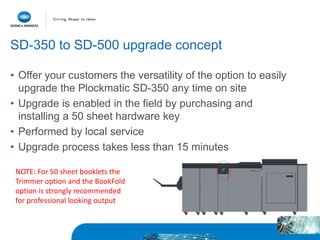 SD-350 to SD-500 upgrade concept
• Offer your customers the versatility of the option to easily
upgrade the Plockmatic SD-350 any time on site
• Upgrade is enabled in the field by purchasing and
installing a 50 sheet hardware key
• Performed by local service
• Upgrade process takes less than 15 minutes
NOTE: For 50 sheet booklets the
Trimmer option and the BookFold
option is strongly recommended
for professional looking output
 