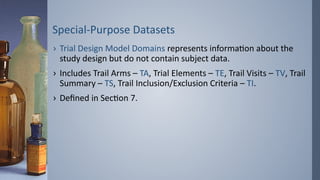 Special-Purpose Datasets
› Trial Design Model Domains represents information about the
study design but do not contain subject data.
› Includes Trail Arms – TA, Trial Elements – TE, Trail Visits – TV, Trail
Summary – TS, Trail Inclusion/Exclusion Criteria – TI.
› Defined in Section 7.
 