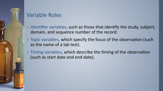 Variable Roles
› Identifier variables, such as those that identify the study, subject,
domain, and sequence number of the record.
› Topic variables, which specify the focus of the observation (such
as the name of a lab test).
› Timing variables, which describe the timing of the observation
(such as start date and end date).
 