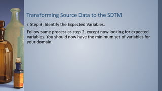 Transforming Source Data to the SDTM
› Step 3: Identify the Expected Variables.
Follow same process as step 2, except now looking for expected
variables. You should now have the minimum set of variables for
your domain.
 
