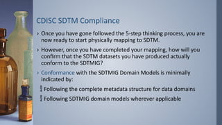 CDISC SDTM Compliance
› Once you have gone followed the 5-step thinking process, you are
now ready to start physically mapping to SDTM.
› However, once you have completed your mapping, how will you
confirm that the SDTM datasets you have produced actually
conform to the SDTMIG?
› Conformance with the SDTMIG Domain Models is minimally
indicated by:
 Following the complete metadata structure for data domains
 Following SDTMIG domain models wherever applicable
 