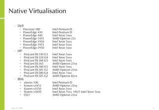 Native Virtualisation Dell Precision 380 Intel Pentium D PowerEdge 430 Intel Pentium D PowerEdge 440 Intel Xeon 3xxx PowerEdge 1435 AMD Opteron 22x PowerEdge 1950 Intel Xeon 5xxx PowerEdge 1955 Intel Xeon 5xxx PowerEdge 2950 Intel Xeon 5xxx HP ProLiant DL140 G3  Intel Xeon 5xxx    ProLiant DL320 G4 Intel Xeon 5xxx    ProLiant DL360 G5  Intel Xeon 5xxx    ProLiant DL365  AMD Opteron 22xx    ProLiant DL380 G5  Intel Xeon 5xxx    ProLiant DL385 G2  AMD Opteron 22xx    ProLiant DL580 G4  Intel Xeon 7xxx    ProLiant DL585 G2  AMD Opteron 82xx  IBM xSeries 100  Intel Pentium-D    System x3455 AMD Opteron 22xx   System x3550  Intel Xeon 5xxx    System x3850  Intel Xeon 7xxx  HS21 Intel Xeon 5xxx    LS21  AMD Opteron 22xx  