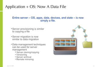 Application + OS: Now A Data File Server provisioning is similar to copying a file  Server migration is now similar to data migration Data management techniques can be used for server management  Server cloning/copying Versioning Server archival Remote mirroring Entire server – OS, apps, data, devices, and state – is now simply a file. 