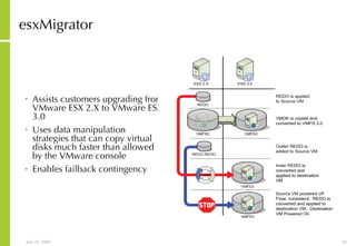 esxMigrator Assists customers upgrading from VMware ESX 2.X to VMware ESX 3.0 Uses data manipulation strategies that can copy virtual disks much faster than allowed by the VMware console Enables failback contingency 