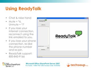 Using ReadyTalk Chat & raise hand  Mute = *6,  Unmute = *7 If you lose your internet connection, reconnect using the link emailed to you. If you lose your phone connection, r e-dial the phone number and re-join. ReadyTalk support:  800-843-9166 