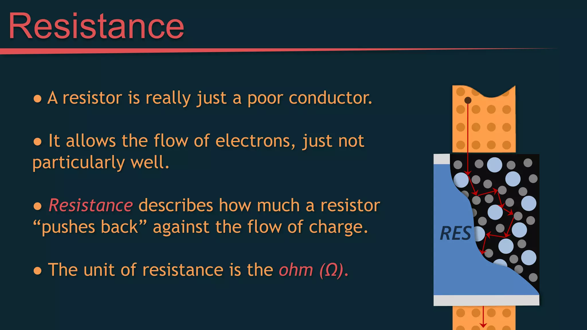 Resistance
RES
● A resistor is really just a poor conductor.
● It allows the flow of electrons, just not
particularly well.
● Resistance describes how much a resistor
“pushes back” against the flow of charge.
● The unit of resistance is the ohm (Ω).
 