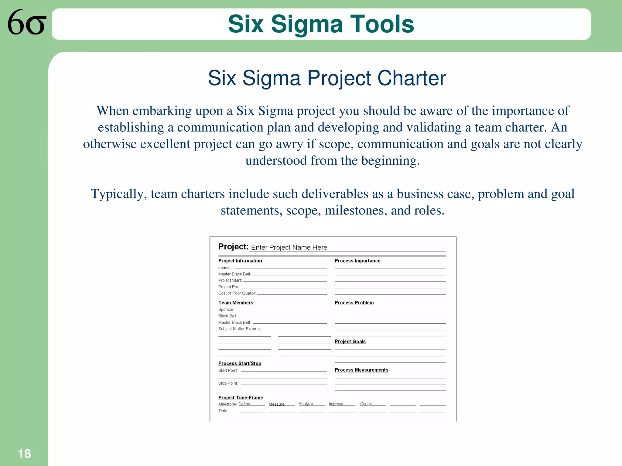 Six Sigma Tools

                           Six Sigma Project Charter
       When embarking upon a Six Sigma project you should be aware of the importance of
        establishing a communication plan and developing and validating a team charter. An
     otherwise excellent project can go awry if scope, communication and goals are not clearly
                                   understood from the beginning.

      Typically, team charters include such deliverables as a business case, problem and goal
                             statements, scope, milestones, and roles.




18
 
