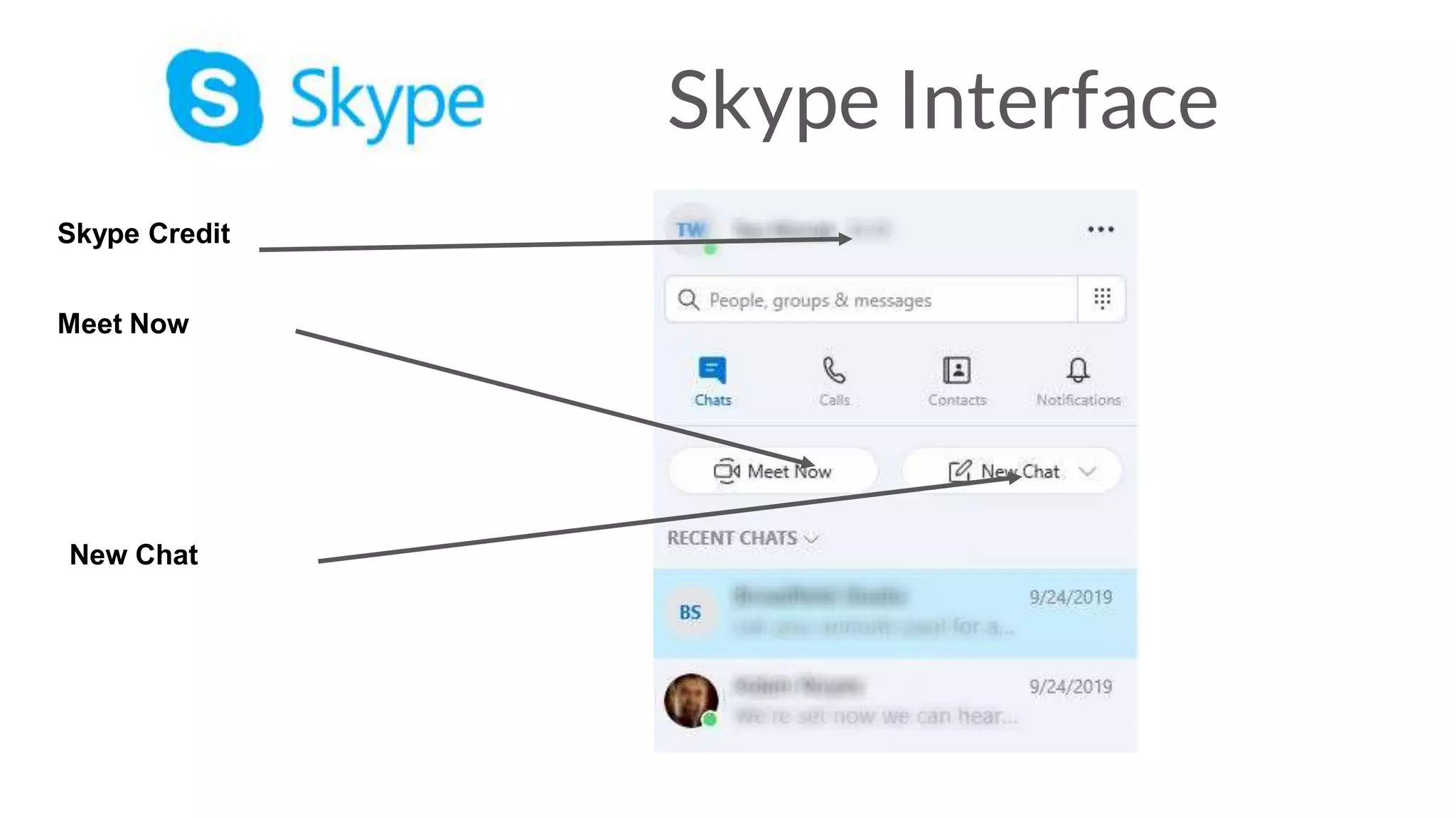 Skype Interface
New Chat
Meet Now
Skype Credit
 