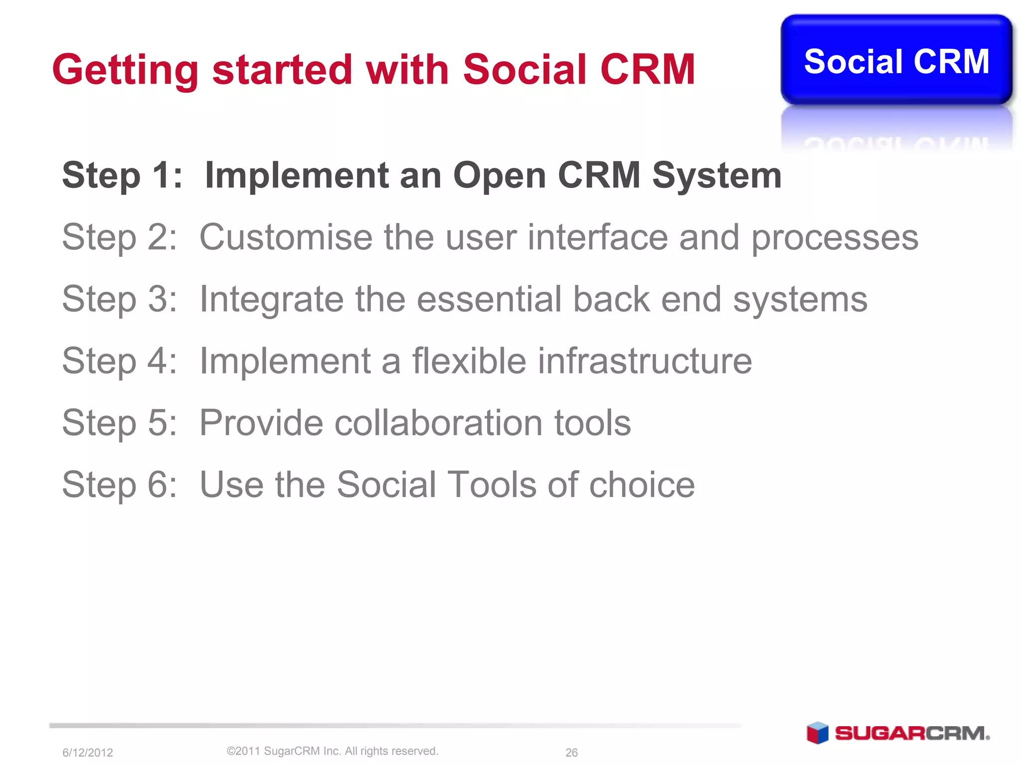 Getting started with Social CRM                             Social CRM


Step 1: Implement an Open CRM System
Step 2: Customise the user interface and processes
Step 3: Integrate the essential back end systems
Step 4: Implement a flexible infrastructure
Step 5: Provide collaboration tools
Step 6: Use the Social Tools of choice




6/13/2012   ©2011 SugarCRM Inc. All rights reserved.   26
 