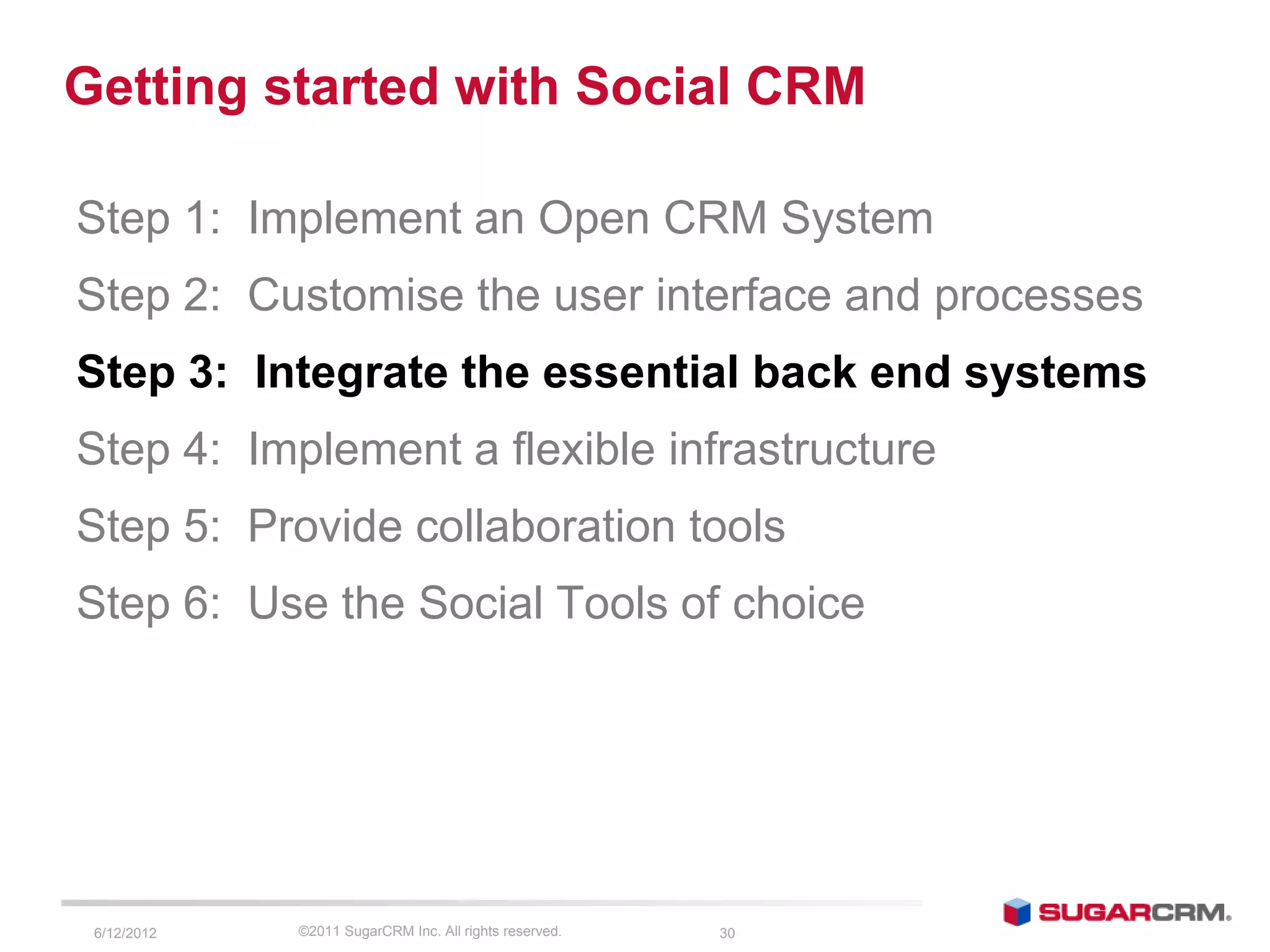 Getting started with Social CRM

Step 1: Implement an Open CRM System
Step 2: Customise the user interface and processes
Step 3: Integrate the essential back end systems
Step 4: Implement a flexible infrastructure
Step 5: Provide collaboration tools
Step 6: Use the Social Tools of choice




 6/13/2012   ©2011 SugarCRM Inc. All rights reserved.   30
 