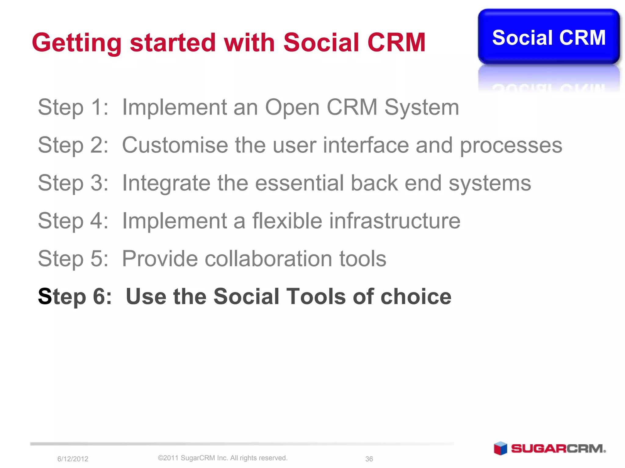 Getting started with Social CRM                               Social CRM


Step 1: Implement an Open CRM System
Step 2: Customise the user interface and processes
Step 3: Integrate the essential back end systems
Step 4: Implement a flexible infrastructure
Step 5: Provide collaboration tools
Step 6: Use the Social Tools of choice




  6/13/2012   ©2011 SugarCRM Inc. All rights reserved.   36
 