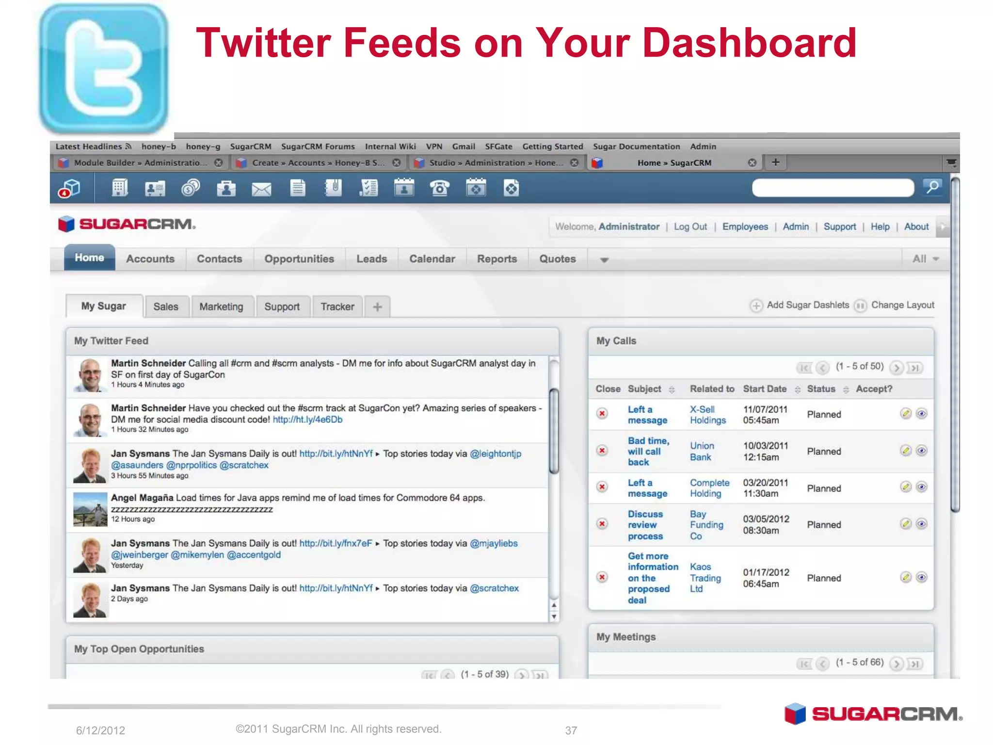Twitter Feeds on Your Dashboard




6/13/2012    ©2011 SugarCRM Inc. All rights reserved.   37
 