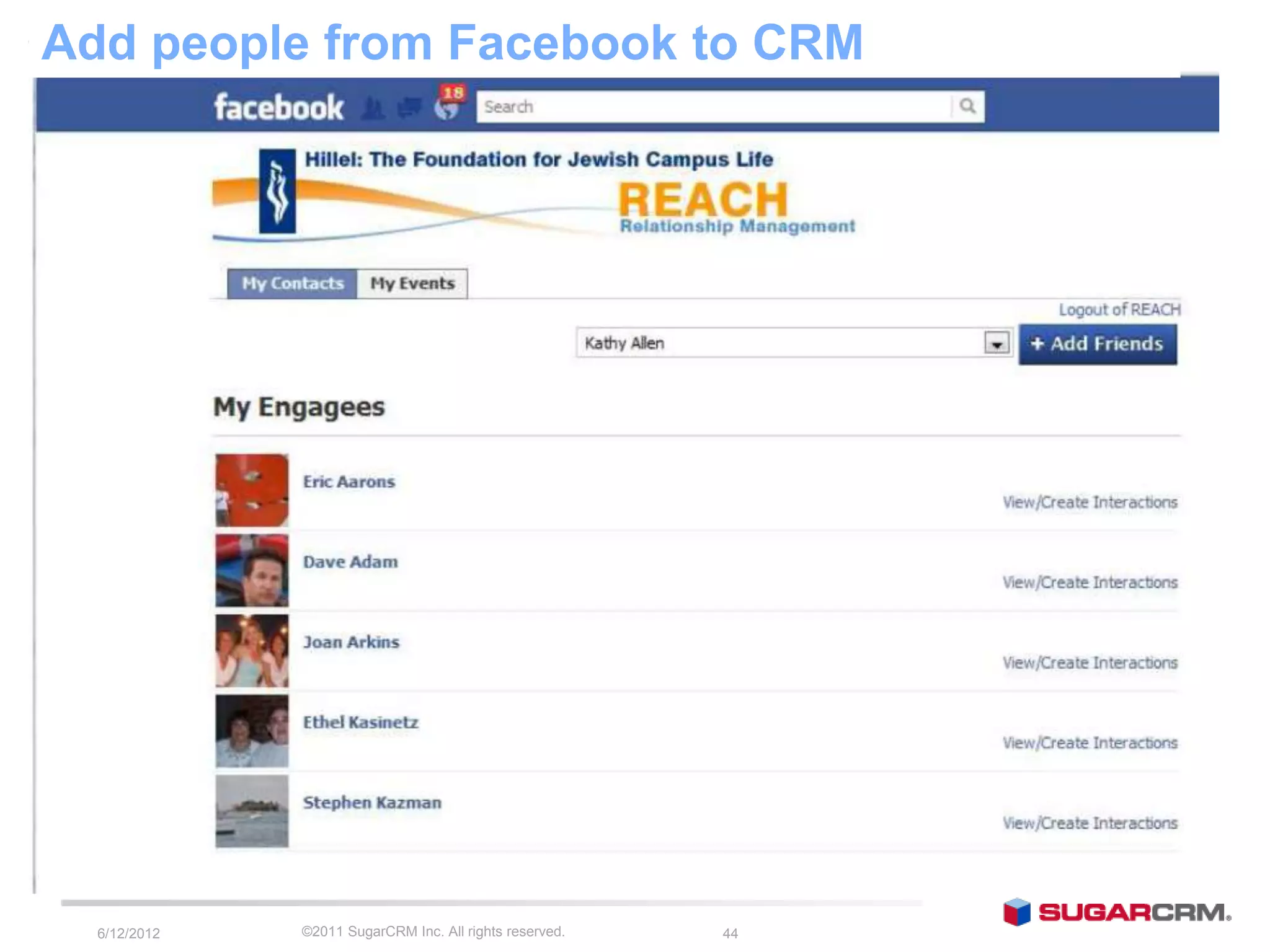 Add people from Facebook to CRM




  6/13/2012   ©2011 SugarCRM Inc. All rights reserved.   44
 