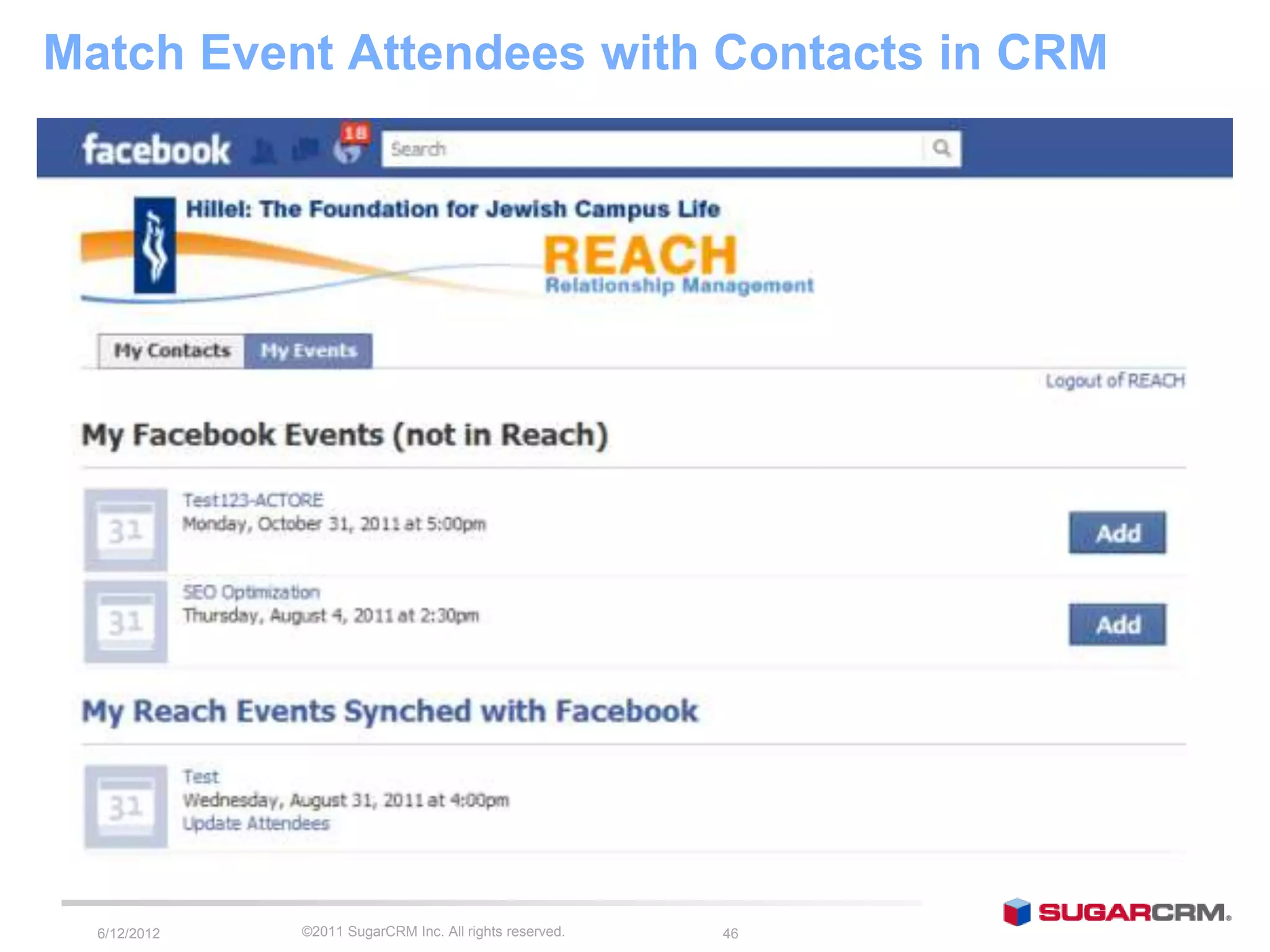 Match Event Attendees with Contacts in CRM




  6/13/2012   ©2011 SugarCRM Inc. All rights reserved.   46
 
