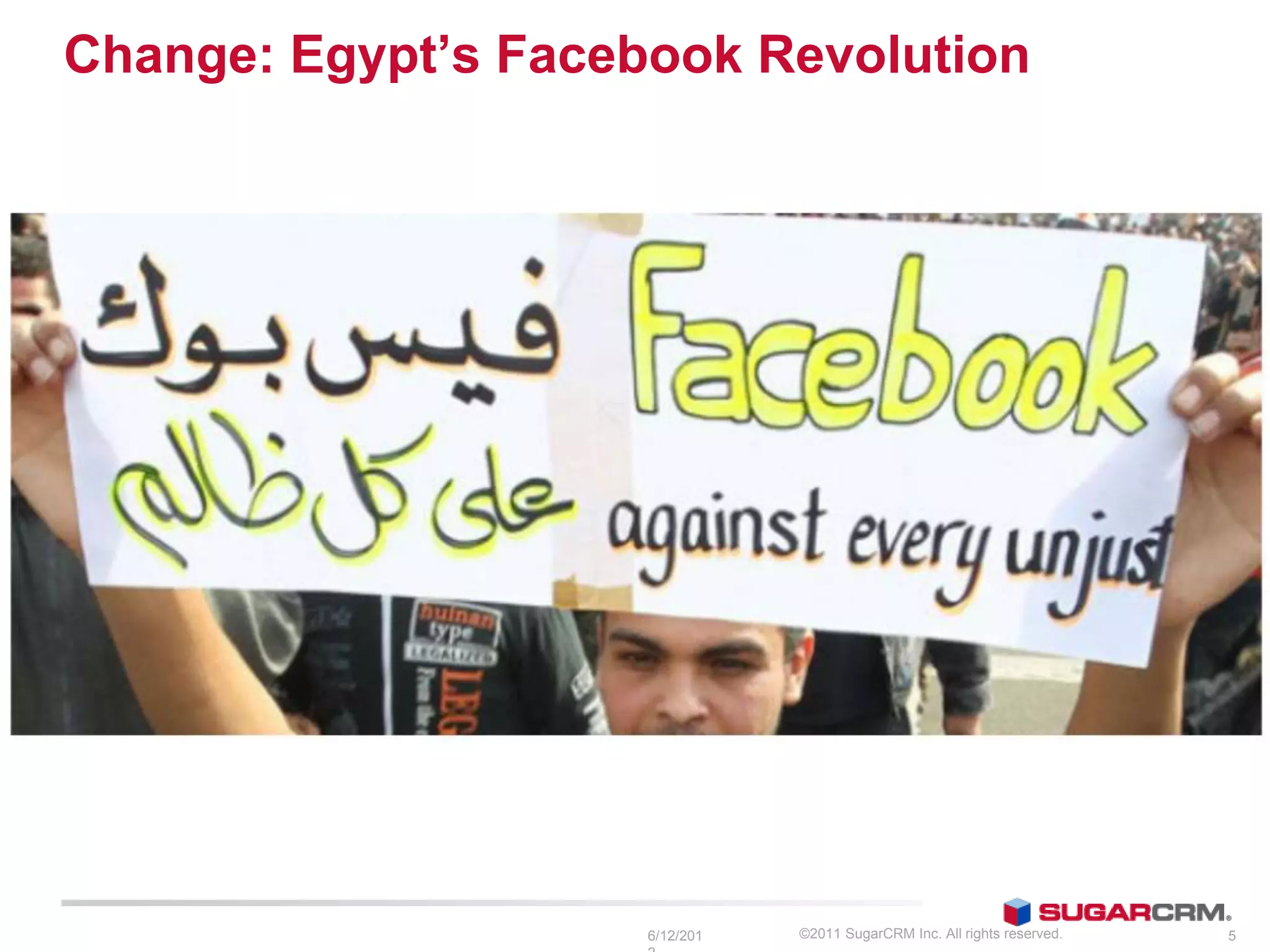 Change: Egypt’s Facebook Revolution




                     6/13/201   ©2011 SugarCRM Inc. All rights reserved.   5
 
