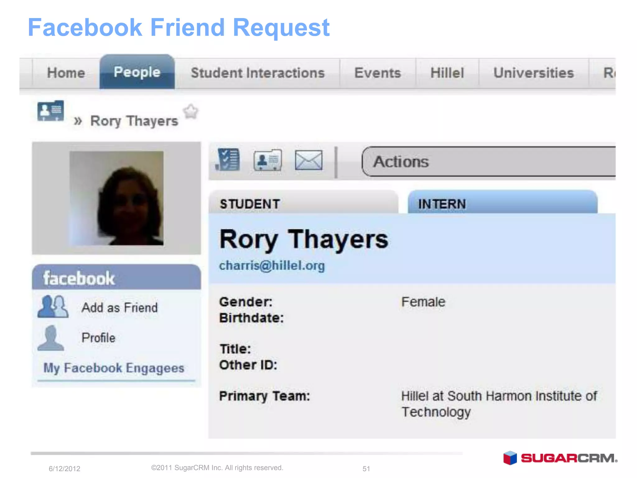 Facebook Friend Request




 6/13/2012   ©2011 SugarCRM Inc. All rights reserved.   51
 