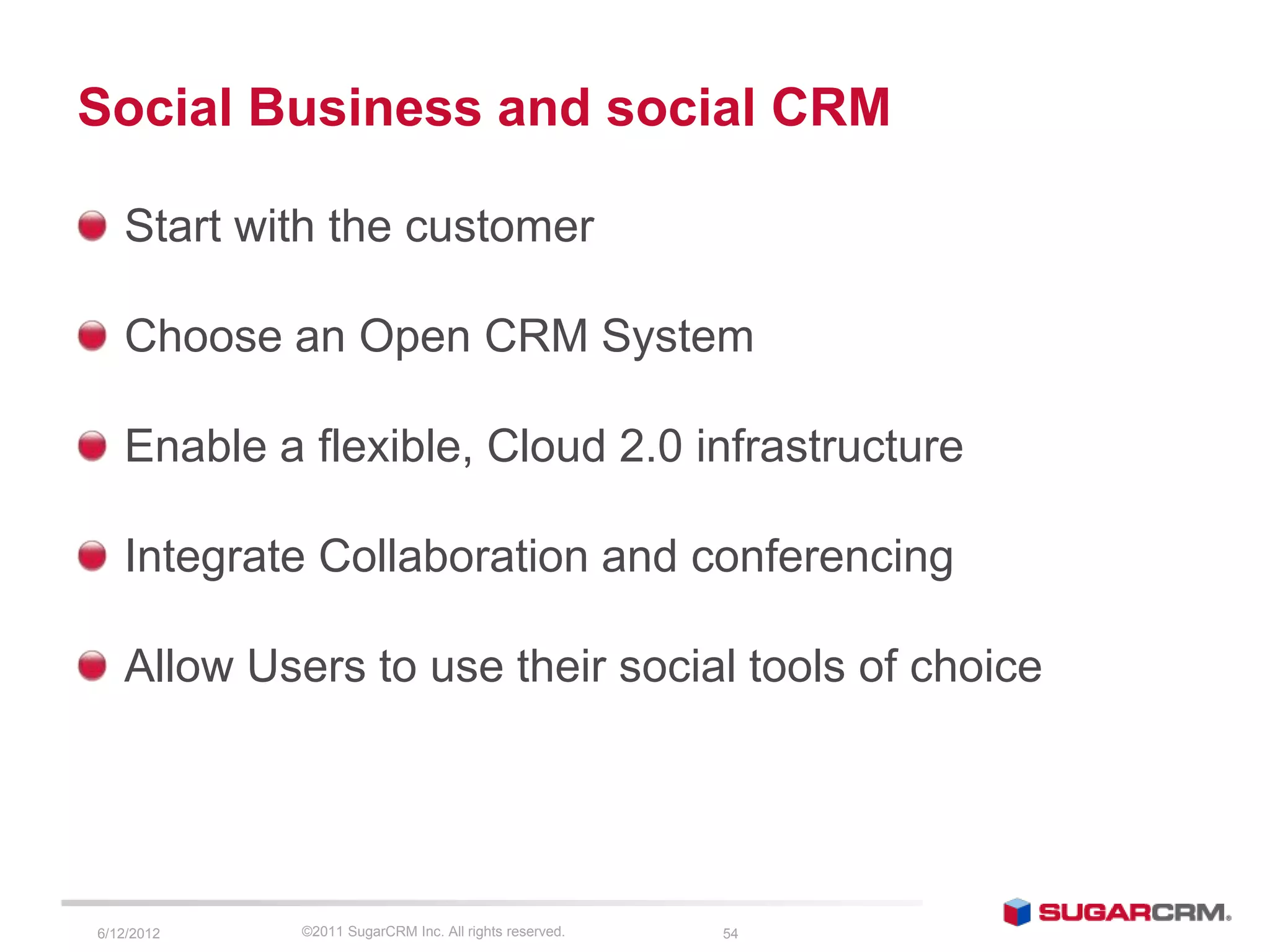 Social Business and social CRM

   Start with the customer

   Choose an Open CRM System

   Enable a flexible, Cloud 2.0 infrastructure

   Integrate Collaboration and conferencing

   Allow Users to use their social tools of choice




6/13/2012   ©2011 SugarCRM Inc. All rights reserved.   54
 