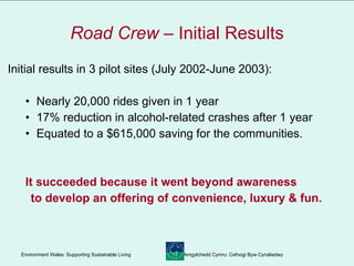 Road Crew  – Initial Results Initial results in 3 pilot sites (July 2002-June 2003): Nearly 20,000 rides given in 1 year  17% reduction in alcohol-related crashes after 1 year Equated to a $615,000 saving for the communities. It succeeded because it went beyond awareness  to develop an offering of convenience, luxury & fun. 
