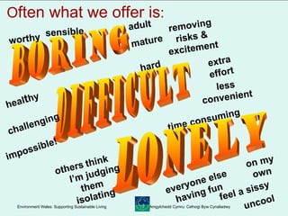 O ften what we offer is : Difficult hard  challenging impossible! extra   effort less   convenient time consuming Boring worthy sensible heal t hy adult mature removing risks & excitement lonely on my own feel a sissy everyone else having fun others   think  I’m judging them isolating uncool 