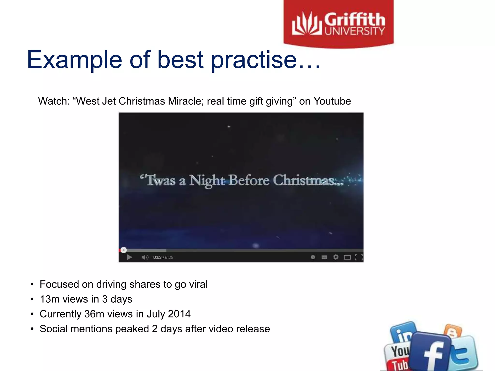 Example of best practise…
Watch: “West Jet Christmas Miracle; real time gift giving” on Youtube
• Focused on driving shares to go viral
• 13m views in 3 days
• Currently 36m views in July 2014
• Social mentions peaked 2 days after video release
 