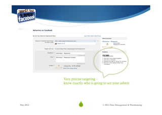Very precise targeting –
           know exactly who is going to see your advert




May 2012
                    S
                     11              © 2012 Data Management & Warehousing
 