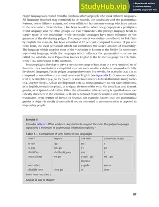 87
Chapter 4 Linguistic varieties and multilingual nations
Pidgin languages are created from the combined efforts of people who speak different languages.
All languages involved may contribute to the sounds, the vocabulary and the grammatical
features, but to different extents, and some additional features may emerge which are unique
to the new variety. Nevertheless, it has been found that when one group speaks a prestigious
world language and the other groups use local vernaculars, the prestige language tends to
supply more of the vocabulary, while vernacular languages have more influence on the
grammar of the developing pidgin. The proportion of vocabulary contributed to Tok Pisin
by English, for example, has been estimated at 77 per cent, compared to about 11 per cent
from Tolai, the local vernacular which has contributed the largest amount of vocabulary.
The language which supplies most of the vocabulary is known as the lexifier (or sometimes
superstrate) language, while the languages which influence the grammatical structure are
called the substrate. So in Papua New Guinea, English is the lexifier language for Tok Pisin,
while Tolai contributes to the substrate.
Because pidgins develop to serve a very narrow range of functions in a very restricted set of
domains, they tend to have a simplified structure and a small vocabulary compared with fully
developed languages. Pacific pidgin languages have only five vowels, for example: [a, e, i, o, u]
compared to around twenty in most varieties of English (see Appendix 1). Consonant clusters
tend to be simplified (e.g. pes for ‘paste’), or vowels are inserted to break them into two syllables
(e.g. silip for ‘sleep’). Affixes are dispensed with. So words generally do not have inflections,
as in English, to mark the plural, or to signal the tense of the verb. Nor are affixes used to mark
gender, as in Spanish and Italian. Often the information affixes convey is signalled more spe-
cifically elsewhere in the sentence, or it can be deduced from the context, or it is referentially
redundant. Every learner of French or Spanish, for example, knows that the grammatical
gender of objects is strictly dispensable if you are interested in communication as opposed to
impressing people.
Exercise 5
Consider table 4.1. What evidence can you find to support the claim that pidgin languages
signal only a minimum of grammatical information explicitly?
Table 4.1 Comparison of verb forms in four languages
French English Tok Pisin Cameroon pidgin
je vais I go mi a
tu vas you go yu yu
elle/il/va she/he/it goes em i
nous allons we go yumi go wi go
mipela
vous allez yupela wuna
elles/ils vont they go ol dem
Source: From Todd 2005: 2.
Answer at end of chapter
 