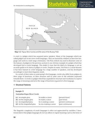 90
An introduction to sociolinguistics
A creole is a pidgin which has acquired native speakers. Many of the languages which are
called pidgins are in fact now creole languages. They are learned by children as their first lan-
guage and used in a wide range of domains. Tok Pisin (which was used to illustrate some of
the features of pidgins in the previous section) is one obvious example of a pidgin which has
developed into a creole language. This makes it clear that the label of a language is not an
accurate guide to its status as pidgin or creole. Despite its name, Tok Pisin is a creole because
it has been learned as a first language by a large number of speakers, and has developed
accordingly to meet their linguistic needs.
As a result of their status as some group’s first language, creoles also differ from pidgins in
their range of functions, in their structure and in some cases in the attitudes expressed
towards them. A creole is a pidgin which has expanded in structure and vocabulary to express
the range of meanings and serve the range of functions required of a first language.
■ Structural features
Map 4.2 Papua New Guinea and the area of the Buang Tribe
Example 11
Australian Roper River Creole
(a) im megim ginu he makes a canoe [present tense]
(b) im bin megim ginu he made a canoe [past tense]
(c) im megimbad ginu he is making a canoe [present continuous]
(d) im bin megimbad ginu he was making a canoe [past continuous]
The linguistic complexity of creole languages is often not appreciated by outsiders. I men-
tioned above that pidgin languages do not use affixes to signal meanings such as the tense of
 