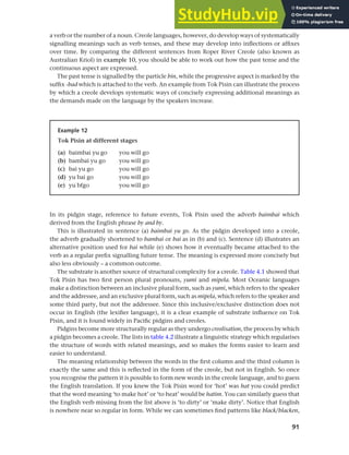 91
Chapter 4 Linguistic varieties and multilingual nations
a verb or the number of a noun. Creole languages, however, do develop ways of systematically
signalling meanings such as verb tenses, and these may develop into inflections or affixes
over time. By comparing the different sentences from Roper River Creole (also known as
Australian Kriol) in example 10, you should be able to work out how the past tense and the
continuous aspect are expressed.
The past tense is signalled by the particle bin, while the progressive aspect is marked by the
suffix -bad which is attached to the verb. An example from Tok Pisin can illustrate the process
by which a creole develops systematic ways of concisely expressing additional meanings as
the demands made on the language by the speakers increase.
Example 12
Tok Pisin at different stages
(a) baimbai yu go you will go
(b) bambai yu go you will go
(c) bai yu go you will go
(d) yu bai go you will go
(e) yu bfgo you will go
In its pidgin stage, reference to future events, Tok Pisin used the adverb baimbai which
derived from the English phrase by and by.
This is illustrated in sentence (a) baimbai yu go. As the pidgin developed into a creole,
the adverb gradually shortened to bambai or bai as in (b) and (c). Sentence (d) illustrates an
alternative position used for bai while (e) shows how it eventually became attached to the
verb as a regular prefix signalling future tense. The meaning is expressed more concisely but
also less obviously – a common outcome.
The substrate is another source of structural complexity for a creole. Table 4.1 showed that
Tok Pisin has two first person plural pronouns, yumi and mipela. Most Oceanic languages
make a distinction between an inclusive plural form, such as yumi, which refers to the speaker
and the addressee, and an exclusive plural form, such as mipela, which refers to the speaker and
some third party, but not the addressee. Since this inclusive/exclusive distinction does not
occur in English (the lexifier language), it is a clear example of substrate influence on Tok
Pisin, and it is found widely in Pacific pidgins and creoles.
Pidgins become more structurally regular as they undergo creolisation, the process by which
a pidgin becomes a creole. The lists in table 4.2 illustrate a linguistic strategy which regularises
the structure of words with related meanings, and so makes the forms easier to learn and
easier to understand.
The meaning relationship between the words in the first column and the third column is
exactly the same and this is reflected in the form of the creole, but not in English. So once
you recognise the pattern it is possible to form new words in the creole language, and to guess
the English translation. If you knew the Tok Pisin word for ‘hot’ was hat you could predict
that the word meaning ‘to make hot’ or ‘to heat’ would be hatim. You can similarly guess that
the English verb missing from the list above is ‘to dirty’ or ‘make dirty’. Notice that English
is nowhere near so regular in form. While we can sometimes find patterns like black/blacken,
 