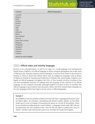 104
An introduction to sociolinguistics
Official status and minority languages
Because of its colonial history, as well as its value as a world language and international
lingua franca, English is an official language in many countries throughout the world, such
as Pakistan, Fiji, Vanuatu, Jamaica and the Bahamas, as well as those listed in the answer to
exercise 2. Often it shares this official status with an indigenous language, such as Malay
in Malaysia, Swahili in Tanzania and Gilbertese in Kiribati. But, interestingly, English is not
legally an official language of England, the USA, or New Zealand. In these countries it has
not been considered necessary to legislate that the language of the majority is an official
language. In New Zealand, ironically, although English is de facto (in fact or actuality) the
official language of government and education, Maori and New Zealand Sign Language are
the two languages which have legal or de jure status as official languages.
Example 3
Dun Mihaka is one of a number of Maori activists who have campaigned for many years
for Maori rights. An articulate, stimulating and abrasive public speaker, he has often
ended up in court on charges of breaching the peace as a result of his protests. There
he has insisted on addressing the court in Maori – a language which until 1987 was not
recognised by the New Zealand courts. Now he has the right to address the court in
Maori – and the court will provide a person to translate his words into English.
Country Official language(s)
Australia
Belgium
Brazil
Canada
Finland
France
Haiti
India
Indonesia
Kenya
New Zealand
Norway
Papua New Guinea
Paraguay
Philippines
Singapore
Tanzania
Uruguay
Vanuatu
Answer at end of chapter
 