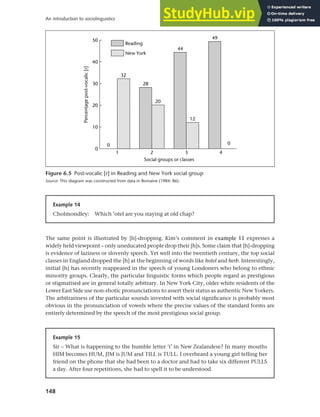 148
An introduction to sociolinguistics
The same point is illustrated by [h]-dropping. Kim’s comment in example 11 expresses a
widely held viewpoint – only uneducated people drop their [h]s. Some claim that [h]-dropping
is evidence of laziness or slovenly speech. Yet well into the twentieth century, the top social
classes in England dropped the [h] at the beginning of words like hotel and herb. Interestingly,
initial [h] has recently reappeared in the speech of young Londoners who belong to ethnic
minority groups. Clearly, the particular linguistic forms which people regard as prestigious
or stigmatised are in general totally arbitrary. In New York City, older white residents of the
Lower East Side use non-rhotic pronunciations to assert their status as authentic New Yorkers.
The arbitrariness of the particular sounds invested with social significance is probably most
obvious in the pronunciation of vowels where the precise values of the standard forms are
entirely determined by the speech of the most prestigious social group.
Figure 6.5 Post-vocalic [r] in Reading and New York social group
Source: This diagram was constructed from data in Romaine (1984: 86).
Example 15
Sir – What is happening to the humble letter ‘i’ in New Zealandese? In many mouths
HIM becomes HUM, JIM is JUM and TILL is TULL. I overheard a young girl telling her
friend on the phone that she had been to a doctor and had to take six different PULLS
a day. After four repetitions, she had to spell it to be understood.
Example 14
Cholmondley: Which ’otel are you staying at old chap?
 
