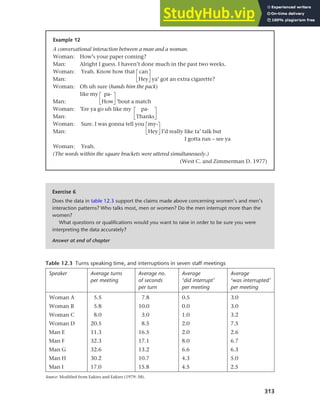 313
Chapter 12 Gender, politeness and stereotypes
Table 12.3 Turns speaking time, and interruptions in seven staff meetings
Speaker Average turns
per meeting
Average no.
of seconds
per turn
Average
‘did interrupt’
per meeting
Average
‘was interrupted’
per meeting
Woman A 5.5 7.8 0.5 3.0
Woman B 5.8 10.0 0.0 3.0
Woman C 8.0 3.0 1.0 3.2
Woman D 20.5 8.5 2.0 7.5
Man E 11.3 16.5 2.0 2.6
Man F 32.3 17.1 8.0 6.7
Man G 32.6 13.2 6.6 6.3
Man H 30.2 10.7 4.3 5.0
Man I 17.0 15.8 4.5 2.5
Source: Modified from Eakins and Eakins (1979: 58).
Example 12
A conversational interaction between a man and a woman.
Woman: How’s your paper coming?
Man: Alright I guess. I haven’t done much in the past two weeks.
Woman: Yeah. Know how that GcanJ
Man: IHeyL ya’ got an extra cigarette?
Woman: Oh uh sure (hands him the pack)
like my G pa- J
Man: IHowL ’bout a match
Woman: ’Ere ya go uh like my G pa- J
Man: IThanksL
Woman: Sure. I was gonna tell you Gmy-J
Man: IHeyL I’d really like ta’ talk but
I gotta run – see ya
Woman: Yeah.
(The words within the square brackets were uttered simultaneously.)
(West C. and Zimmerman D. 1977)
Exercise 6
Does the data in table 12.3 support the claims made above concerning women’s and men’s
interaction patterns? Who talks most, men or women? Do the men interrupt more than the
women?
What questions or qualifications would you want to raise in order to be sure you were
interpreting the data accurately?
Answer at end of chapter
 