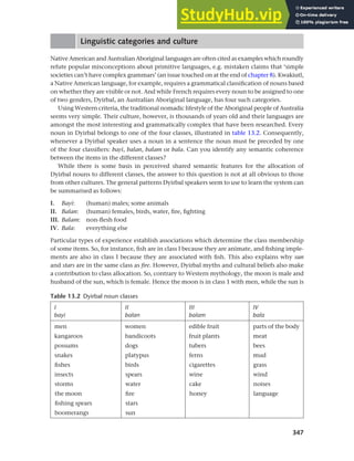 347
Chapter 13 Language, cognition and culture
Linguistic categories and culture
Native American and Australian Aboriginal languages are often cited as examples which roundly
refute popular misconceptions about primitive languages, e.g. mistaken claims that ‘simple
societies can’t have complex grammars’ (an issue touched on at the end of chapter 8). Kwakiutl,
a Native American language, for example, requires a grammatical classification of nouns based
on whether they are visible or not. And while French requires every noun to be assigned to one
of two genders, Dyirbal, an Australian Aboriginal language, has four such categories.
Using Western criteria, the traditional nomadic lifestyle of the Aboriginal people of Australia
seems very simple. Their culture, however, is thousands of years old and their languages are
amongst the most interesting and grammatically complex that have been researched. Every
noun in Dyirbal belongs to one of the four classes, illustrated in table 13.2. Consequently,
whenever a Dyirbal speaker uses a noun in a sentence the noun must be preceded by one
of the four classifiers: bayi, balan, balam or bala. Can you identify any semantic coherence
between the items in the different classes?
While there is some basis in perceived shared semantic features for the allocation of
Dyirbal nouns to different classes, the answer to this question is not at all obvious to those
from other cultures. The general patterns Dyirbal speakers seem to use to learn the system can
be summarised as follows:
I. Bayi: (human) males; some animals
II. Balan: (human) females, birds, water, fire, fighting
III. Balam: non-flesh food
IV. Bala: everything else
Particular types of experience establish associations which determine the class membership
of some items. So, for instance, fish are in class I because they are animate, and fishing imple-
ments are also in class I because they are associated with fish. This also explains why sun
and stars are in the same class as fire. However, Dyirbal myths and cultural beliefs also make
a contribution to class allocation. So, contrary to Western mythology, the moon is male and
husband of the sun, which is female. Hence the moon is in class 1 with men, while the sun is
Table 13.2 Dyirbal noun classes
I
bayi
II
balan
III
balam
IV
bala
men women edible fruit parts of the body
kangaroos bandicoots fruit plants meat
possums dogs tubers bees
snakes platypus ferns mud
fishes birds cigarettes grass
insects spears wine wind
storms water cake noises
the moon fire honey language
fishing spears stars
boomerangs sun
 