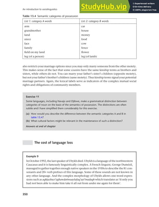 350
An introduction to sociolinguistics
also restricts your marriage options since you may only marry someone from the other moiety.
This makes sense of the fact that some cousins have the same kinship terms as brothers and
sisters, while others do not. You can marry your father’s sister’s children (opposite moiety),
but not your father’s brother’s children (same moiety). Thus kinship terms signal your potential
marriage partners. Again, the lexical labels serve as indicators of the complex mutual social
rights and obligations of community members.
Table 13.4 Semantic categories of possession
List 1: category A words List 2: category B words
arm car
grandmother house
land money
niece food
face cow
family fence
field on my land flower
leg (of a person) leg (of lamb)
Exercise 11
Some languages, including Navajo and Ojibwe, make a grammatical distinction between
categories of noun on the basis of the semantics of possession. The distinctions are often
subtle and I have simplified them considerably for this exercise.
(a) How would you describe the difference between the semantic categories A and B in
table 13.4?
(b) What cultural factors might be relevant in the maintenance of such a distinction?
Answers at end of chapter
The cost of language loss
Example 9
In October 1992, the last speaker of Ubykh died. Ubykh is a language of the northwestern
Caucasus and it is famously linguistically complex. A French linguist, George Dumézil,
managed to gather together enough native speakers in the 1930s to describe the 81 con-
sonants and 20+ verb prefixes of this language. Some of these sounds are not known in
any other language. And the complex morphology of Ubykh allows one-word expres-
sions such as aqhjazbacr’aghawdætwaaylafaq’ayt’madaqh which translates as ‘if only you
had not been able to make him take it all out from under me again for them’.
 