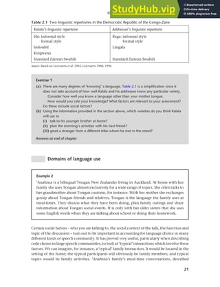 21
Chapter 2 Language choice in multilingual communities
Table 2.1 Two linguistic repertoires in the Democratic Republic of the Congo-Zaire
Kalala’s linguistic repertoire Addressee’s linguistic repertoire
Shi: informal style Rega: informal style
formal style formal style
Indoubil Lingala
Kingwana
Standard Zairean Swahili Standard Zairean Swahili
Source: Based on Goyvaerts et al. 1983, Goyvaerts 1988, 1996.
Exercise 1
(a) There are many degrees of ‘knowing’ a language. Table 2.1 is a simplification since it
does not take account of how well Kalala and his addressee know any particular variety.
Consider how well you know a language other than your mother tongue.
How would you rate your knowledge? What factors are relevant to your assessment?
Do these include social factors?
(b) Using the information provided in the section above, which varieties do you think Kalala
will use to
(i) talk to his younger brother at home?
(ii) plan the morning’s activities with his best friend?
(iii) greet a stranger from a different tribe whom he met in the street?
Answers at end of chapter
Domains of language use
Example 2
’Anahina is a bilingual Tongan New Zealander living in Auckland. At home with her
family she uses Tongan almost exclusively for a wide range of topics. She often talks to
her grandmother about Tongan customs, for instance. With her mother she exchanges
gossip about Tongan friends and relatives. Tongan is the language the family uses at
meal-times. They discuss what they have been doing, plan family outings and share
information about Tongan social events. It is only with her older sisters that she uses
some English words when they are talking about school or doing their homework.
Certain social factors – who you are talking to, the social context of the talk, the function and
topic of the discussion – turn out to be important in accounting for language choice in many
different kinds of speech community. It has proved very useful, particularly when describing
code choice in large speech communities, to look at ‘typical’ interactions which involve these
factors. We can imagine, for instance, a ‘typical’ family interaction. It would be located in the
setting of the home; the typical participants will obviously be family members; and typical
topics would be family activities. ’Anahina’s family’s meal-time conversations, described
 