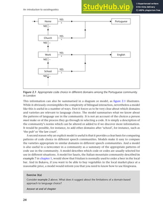 24
An introduction to sociolinguistics
This information can also be summarised in a diagram or model, as figure 2.1 illustrates.
While it obviously oversimplifies the complexity of bilingual interaction, nevertheless a model
like this is useful in a number of ways. First it forces us to be very clear about which domains
and varieties are relevant to language choice. The model summarises what we know about
the patterns of language use in the community. It is not an account of the choices a person
must make or of the process they go through in selecting a code. It is simply a description of
the community’s norms which can be altered or added to if we discover more information.
It would be possible, for instance, to add other domains after ‘school’, for instance, such as
‘the pub’ or ‘the law court’.
A second reason why an explicit model is useful is that it provides a clear basis for comparing
patterns of code choice in different speech communities. Models make it easy to compare
the varieties appropriate in similar domains in different speech communities. And a model
is also useful to a newcomer in a community as a summary of the appropriate patterns of
code use in the community. A model describes which code or codes are usually selected for
use in different situations. A model for Sauris, the Italian mountain community described in
example 7 in chapter 1, would show that Friulian is normally used to order a beer in the local
bar. And in Bukavu, if you want to be able to buy vegetables in the local market-place at a
reasonable price, a model would inform you that you need to know how to use Kingwana.
Figure 2.1 Appropriate code choice in different domains among the Portuguese community
in London
Exercise 3(a)
Consider example 2 above. What does it suggest about the limitations of a domain-based
approach to language choice?
Answer at end of chapter
 