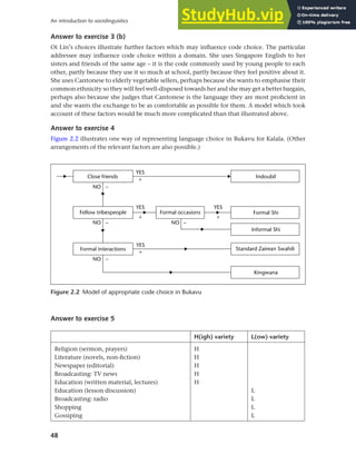 48
An introduction to sociolinguistics
Answer to exercise 3 (b)
Oi Lin’s choices illustrate further factors which may influence code choice. The particular
addressee may influence code choice within a domain. She uses Singapore English to her
sisters and friends of the same age – it is the code commonly used by young people to each
other, partly because they use it so much at school, partly because they feel positive about it.
She uses Cantonese to elderly vegetable sellers, perhaps because she wants to emphasise their
common ethnicity so they will feel well-disposed towards her and she may get a better bargain,
perhaps also because she judges that Cantonese is the language they are most proficient in
and she wants the exchange to be as comfortable as possible for them. A model which took
account of these factors would be much more complicated than that illustrated above.
Answer to exercise 4
Figure 2.2 illustrates one way of representing language choice in Bukavu for Kalala. (Other
arrangements of the relevant factors are also possible.)
Figure 2.2 Model of appropriate code choice in Bukavu
Answer to exercise 5
H(igh) variety L(ow) variety
Religion (sermon, prayers) H
Literature (novels, non-fiction) H
Newspaper (editorial) H
Broadcasting: TV news H
Education (written material, lectures) H
Education (lesson discussion) L
Broadcasting: radio L
Shopping L
Gossiping L
 