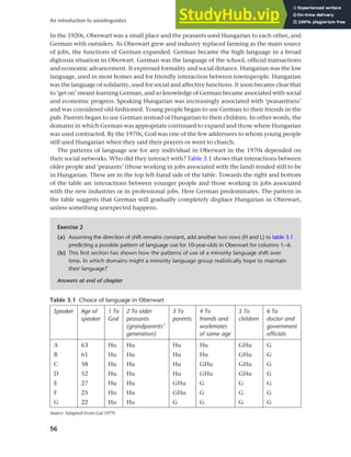 56
An introduction to sociolinguistics
In the 1920s, Oberwart was a small place and the peasants used Hungarian to each other, and
German with outsiders. As Oberwart grew and industry replaced farming as the main source
of jobs, the functions of German expanded. German became the high language in a broad
diglossia situation in Oberwart. German was the language of the school, official transactions
and economic advancement. It expressed formality and social distance. Hungarian was the low
language, used in most homes and for friendly interaction between townspeople. Hungarian
was the language of solidarity, used for social and affective functions. It soon became clear that
to ‘get on’ meant learning German, and so knowledge of German became associated with social
and economic progress. Speaking Hungarian was increasingly associated with ‘peasantness’
and was considered old-fashioned. Young people began to use German to their friends in the
pub. Parents began to use German instead of Hungarian to their children. In other words, the
domains in which German was appropriate continued to expand and those where Hungarian
was used contracted. By the 1970s, God was one of the few addressees to whom young people
still used Hungarian when they said their prayers or went to church.
The patterns of language use for any individual in Oberwart in the 1970s depended on
their social networks. Who did they interact with? Table 3.1 shows that interactions between
older people and ‘peasants’ (those working in jobs associated with the land) tended still to be
in Hungarian. These are in the top left-hand side of the table. Towards the right and bottom
of the table are interactions between younger people and those working in jobs associated
with the new industries or in professional jobs. Here German predominates. The pattern in
the table suggests that German will gradually completely displace Hungarian in Oberwart,
unless something unexpected happens.
Table 3.1 Choice of language in Oberwart
Speaker Age of
speaker
1 To
God
2 To older
peasants
(grandparents’
generation)
3 To
parents
4 To
friends and
workmates
of same age
5 To
children
6 To
doctor and
government
officials
A 63 Hu Hu Hu Hu GHu G
B 61 Hu Hu Hu Hu GHu G
C 58 Hu Hu Hu GHu GHu G
D 52 Hu Hu Hu GHu GHu G
E 27 Hu Hu GHu G G G
F 25 Hu Hu GHu G G G
G 22 Hu Hu G G G G
Source: Adapted from Gal 1979.
Exercise 2
(a) Assuming the direction of shift remains constant, add another two rows (H and L) to table 3.1
predicting a possible pattern of language use for 10-year-olds in Oberwart for columns 1–6.
(b) This first section has shown how the patterns of use of a minority language shift over
time. In which domains might a minority language group realistically hope to maintain
their language?
Answers at end of chapter
 