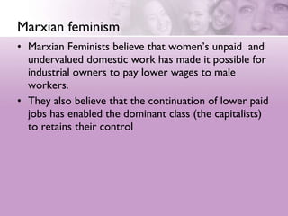 Marxian feminism <ul><li>Marxian Feminists believe that women’s unpaid  and undervalued domestic work has made it possible...