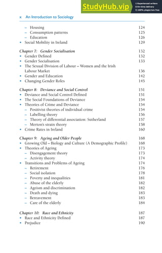 x An Introduction to Sociology
– Housing 124
– Consumption patterns 125
– Education 126
• Social Mobility in Ireland 129
Chapter 7: Gender Socialisation 132
• Gender Defined 132
• Gender Socialisation 133
• The Sexual Division of Labour – Women and the Irish
Labour Market 136
• Gender and Education 142
• Changing Gender Roles 145
Chapter 8: Deviance and Social Control 151
• Deviance and Social Control Defined 151
• The Social Foundations of Deviance 154
• Theories of Crime and Deviance 154
– Positivist theories of individual crime 154
– Labelling theory 156
– Theory of differential association: Sutherland 157
– Merton’s strain theory 158
• Crime Rates in Ireland 160
Chapter 9: Ageing and Older People 168
• Growing Old – Biology and Culture (A Demographic Profile) 168
• Theories of Ageing 173
– Disengagement theory 173
– Activity theory 174
• Transitions and Problems of Ageing 174
– Retirement 176
– Social isolation 178
– Poverty and inequalities 181
– Abuse of the elderly 182
– Ageism and discrimination 182
– Death and dying 183
– Bereavement 183
– Care of the elderly 184
Chapter 10: Race and Ethnicity 187
• Race and Ethnicity Defined 187
• Prejudice 190
Introduction to Sociology 10 Feb.indd 10 20/02/2014 11:15
 