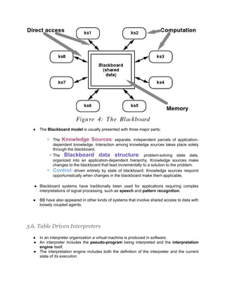 ●   The Blackboard model is usually presented with three major parts:

         ○ The Knowledge Sources: separate, independent parcels of application-
            dependent knowledge. Interaction among knowledge sources takes place solely
            through the blackboard.
          ○ The Blackboard data structure: problem-solving state data,
            organized into an application-dependent hierarchy. Knowledge sources make
            changes to the blackboard that lead incrementally to a solution to the problem.
         ○ Control: driven entirely by state of blackboard. Knowledge sources respond
            opportunistically when changes in the blackboard make them applicable.

   ● Blackboard systems have traditionally been used for applications requiring complex
     interpretations of signal processing, such as speech and pattern recognition.

  ●   BB have also appeared in other kinds of systems that involve shared access to data with
      loosely coupled agents.




3.6. Table Driven Interpreters

  ● In an interpreter organization a virtual machine is produced in software.
  ● An interpreter includes the pseudo-program being interpreted and the interpretation
    engine itself.
  ● The interpretation engine includes both the definition of the interpreter and the current
    state of its execution.
 