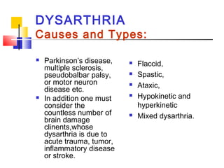 DYSARTHRIA
Causes and Types:
 Parkinson’s disease,
multiple sclerosis,
pseudobalbar palsy,
or motor neuron
disease etc.
 In addition one must
consider the
countless number of
brain damage
clinents,whose
dysarthria is due to
acute trauma, tumor,
inflammatory disease
or stroke.
 Flaccid,
 Spastic,
 Ataxic,
 Hypokinetic and
hyperkinetic
 Mixed dysarthria.
 