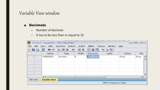 Variable View window
■ Decimals
– Number of decimals
– It has to be less than or equal to 16
 