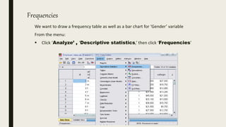 Frequencies
We want to draw a frequency table as well as a bar chart for ‘Gender’ variable
From the menu:
 Click ‘Analyze’ , ‘Descriptive statistics,’ then click ‘Frequencies’
 