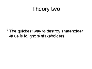 Theory two <ul><li>* The quickest way to destroy shareholder value is to ignore stakeholders </li></ul>