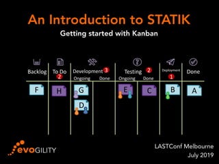 An Introduction to STATIK
LASTConf Melbourne
July 2019
Getting started with Kanban
DoneBacklog Testing
Ongoing Done
2
Ongoing
Development
Done
3To Do
2
Deployment
1
F ABH G
D
E C
 